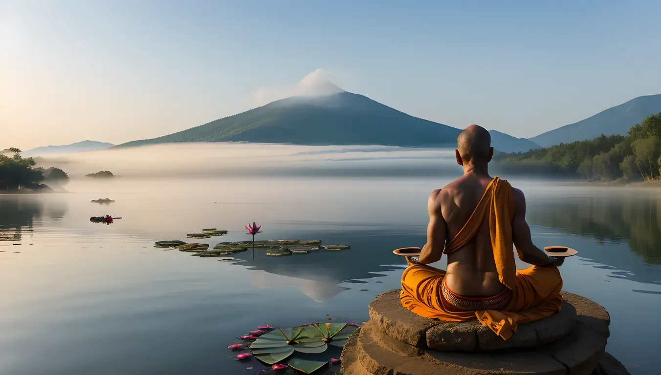 Sadhu Meditates by Serene Lake at Dawn