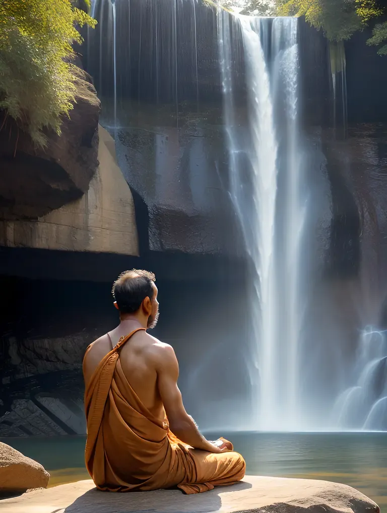 Sadhu Meditates by Waterfall