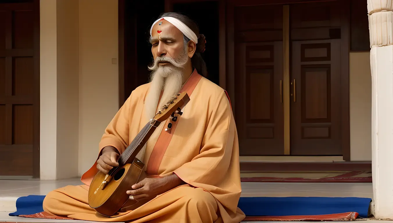 Sadhu Plays Traditional Indian Instrument with Long White Beard