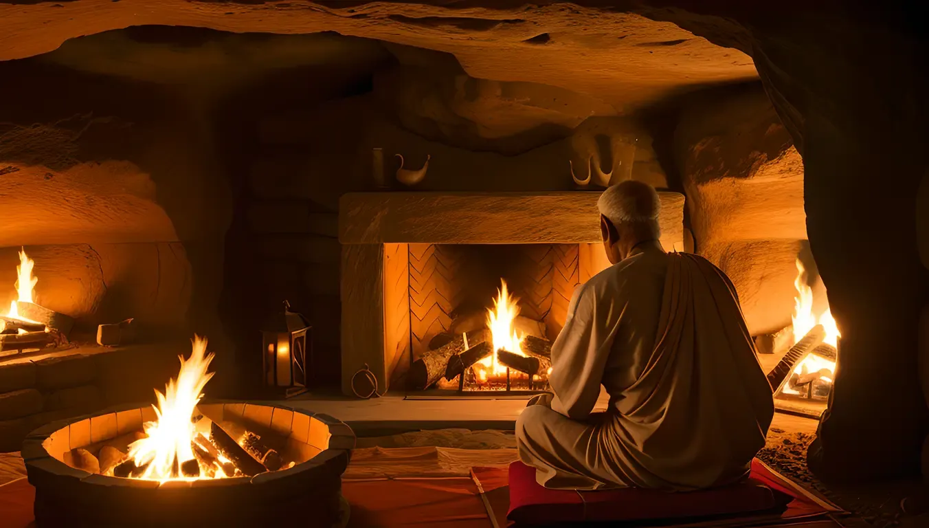 Sadhu Sits in Cave with Warm Fire Crackling