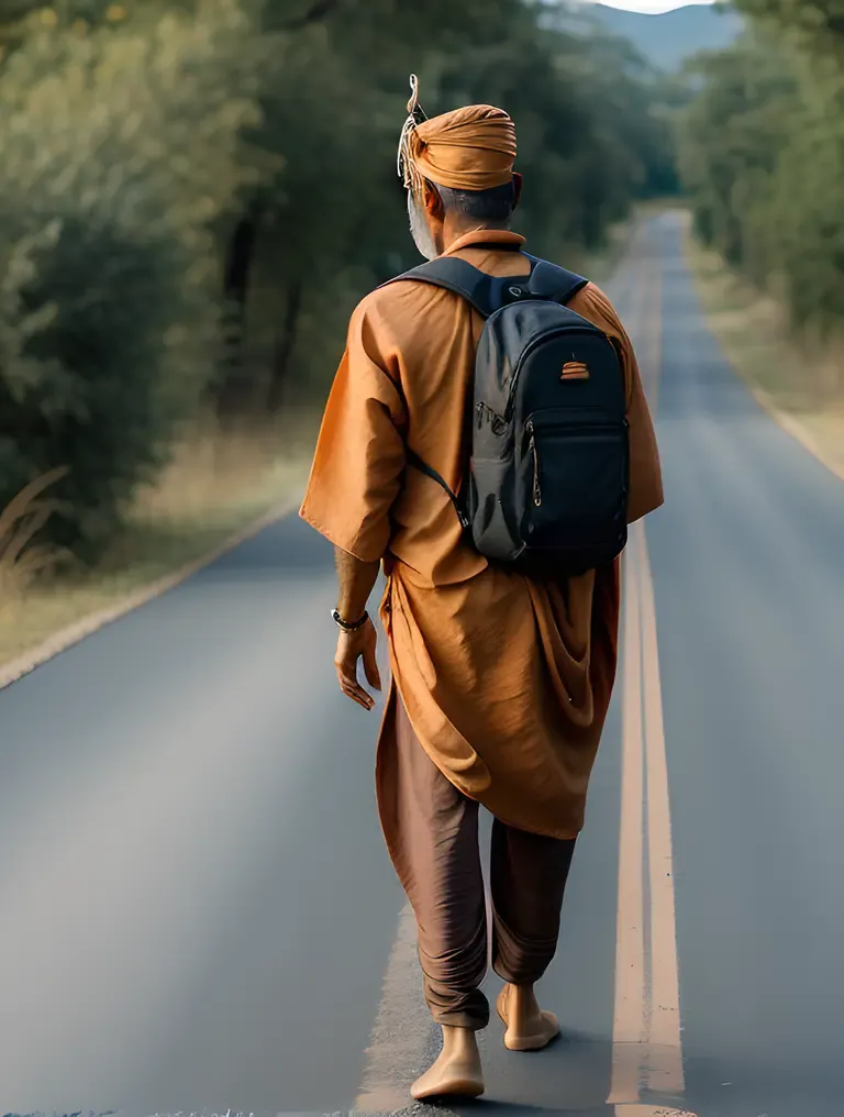 Sadhu Walks Winding Road with Backpack Adventure