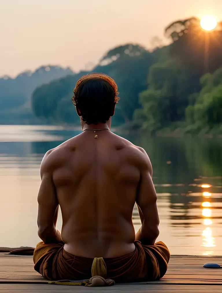 Sadhu Watches Sunset on Riverbank with Peaceful and Contemplative Expression