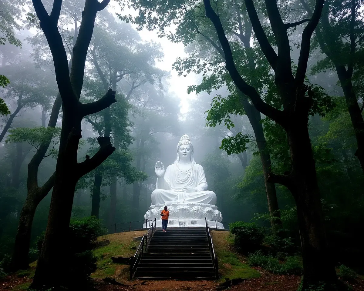 Sai Baba Statue in Tranquil Forest Setting with Misty Atmosphere
