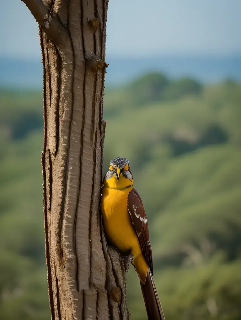 Saitan Perched on Twisted Tree Branch Gazing Out