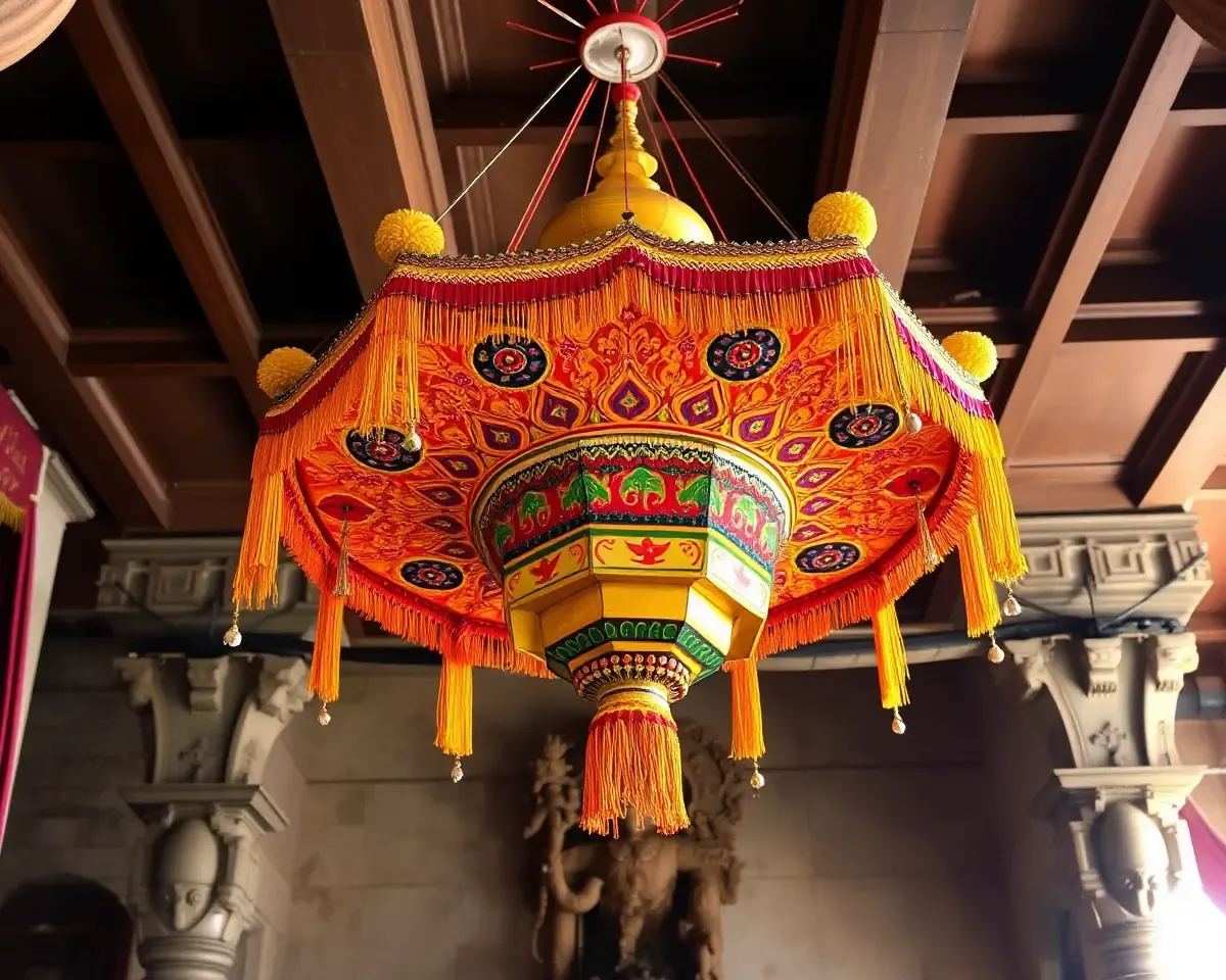 Sakharpuda patrika hangs majestically from temple ceiling.