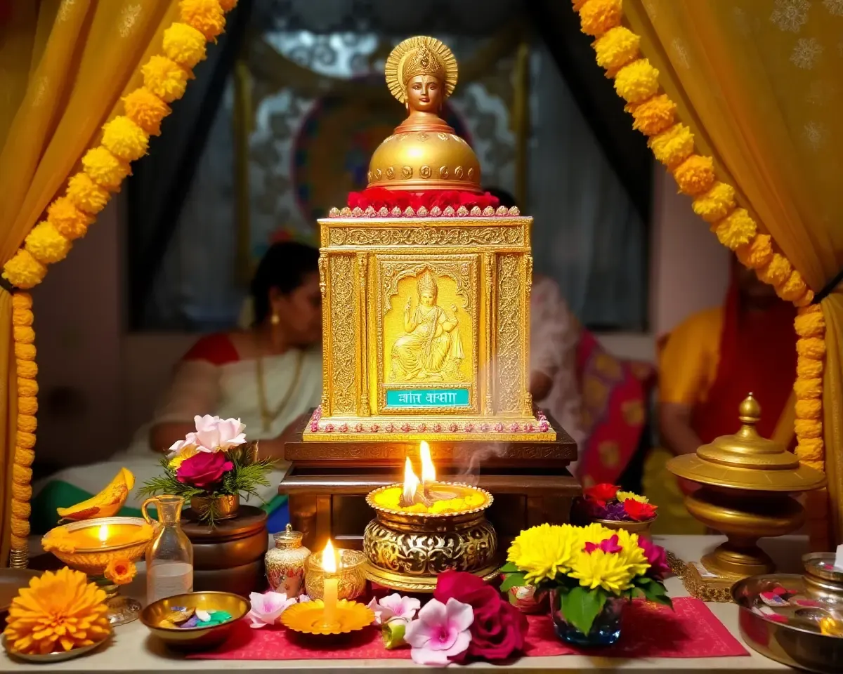 Sakharpuda patrika placed on altar for Pitru Paksha prayers.