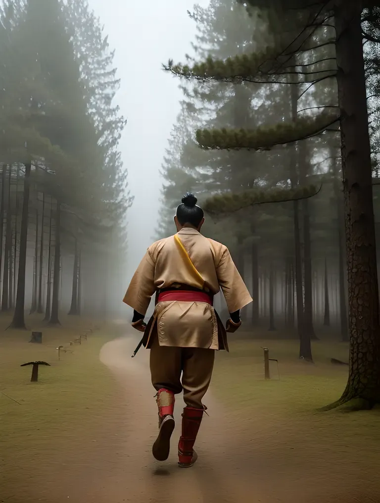 Samurai in Motion Profile Pic with Misty Forest Background