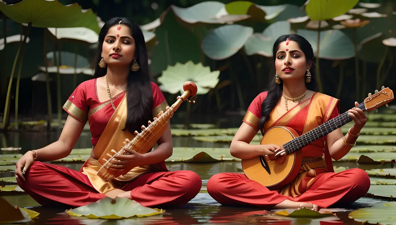 Saraswati Plays Veena on Lotus Flower with Serene Expression