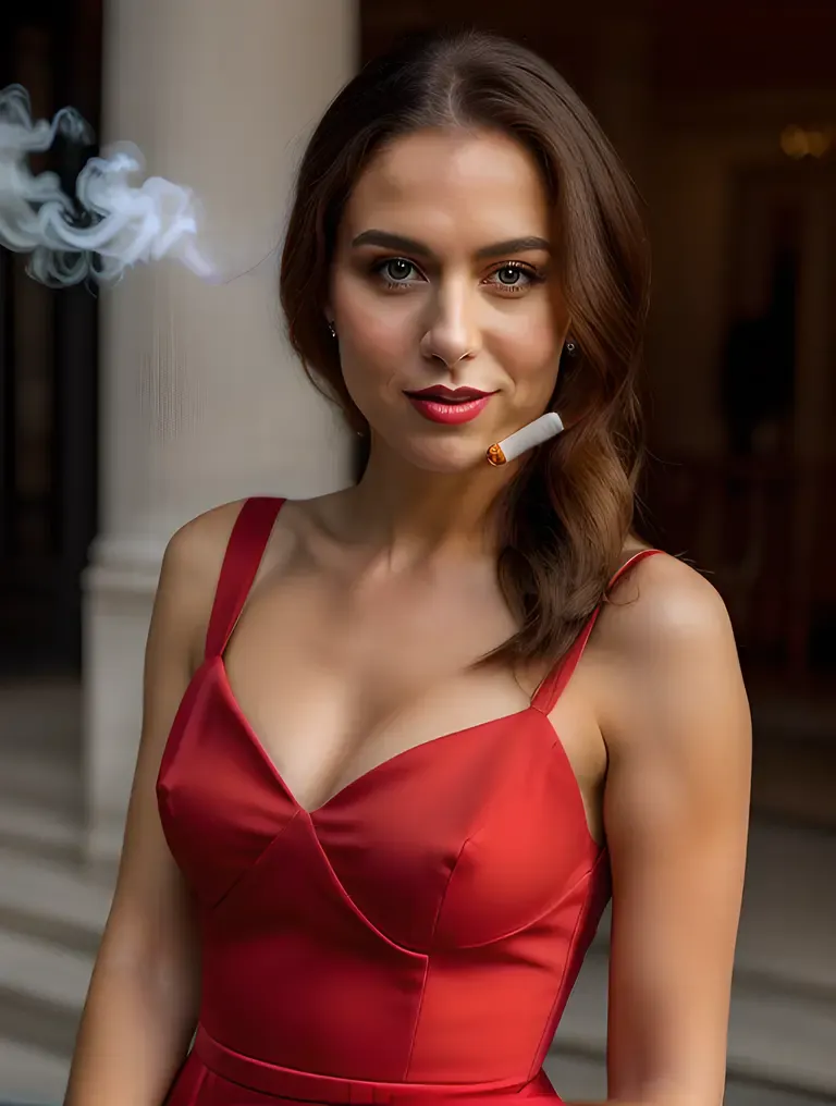 Sassy Smoking Girl in Red Dress Portrait