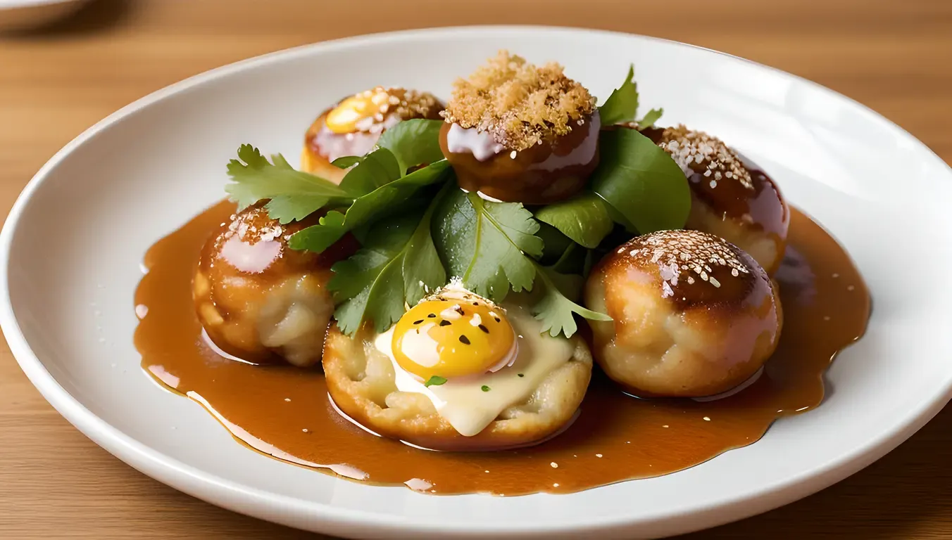 Savory Taki Takoyaki with Bonito Flakes and Sauce