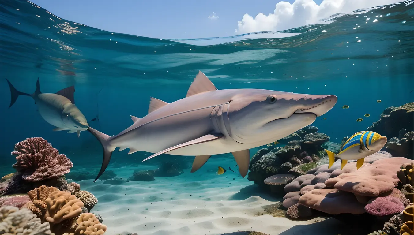 Sawfish Chases School of Fish in Rocky Reef Background