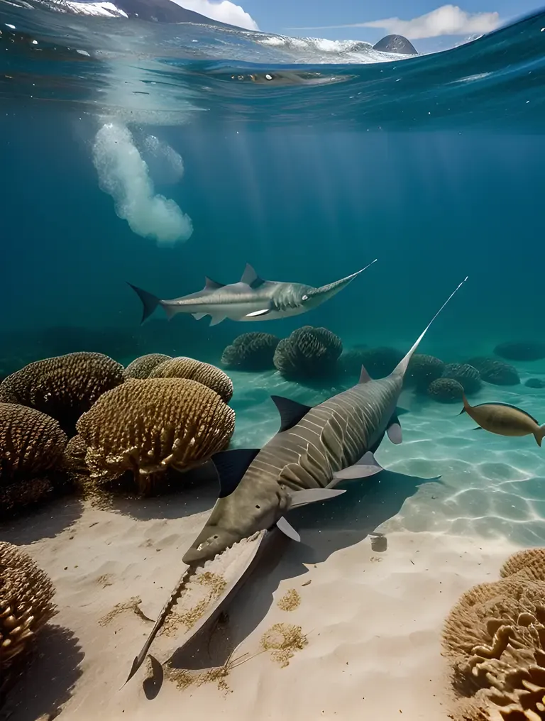 Sawfish Herds Small Fish with Saw-Like Snout