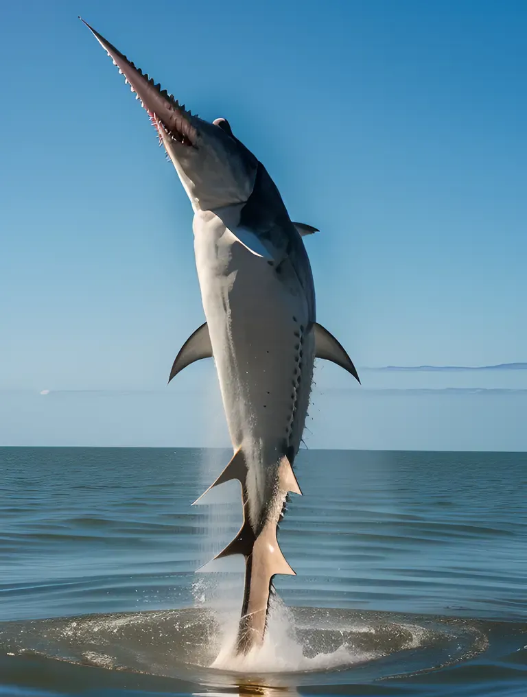 Sawfish Leaps Out of Water with Saw-Like Snout
