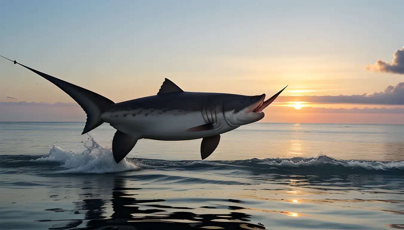 Sawfish Leaps Out of Water with Sun Setting Background
