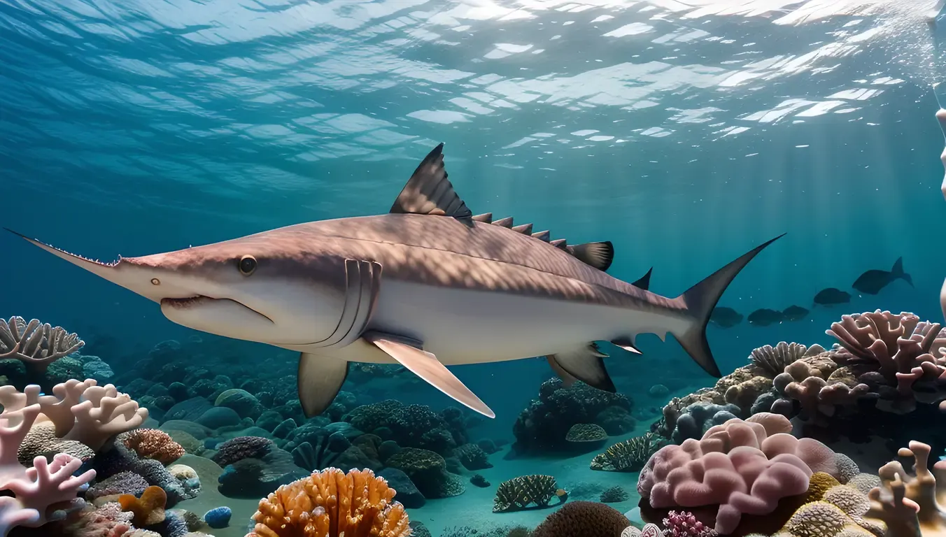 Sawfish Swims with Schools of Fish in Bright Blue Ocean