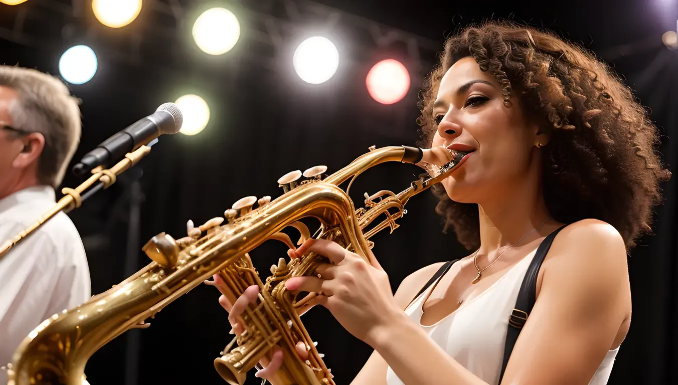 Saxy Woman Performs with Jazz Band on Stage