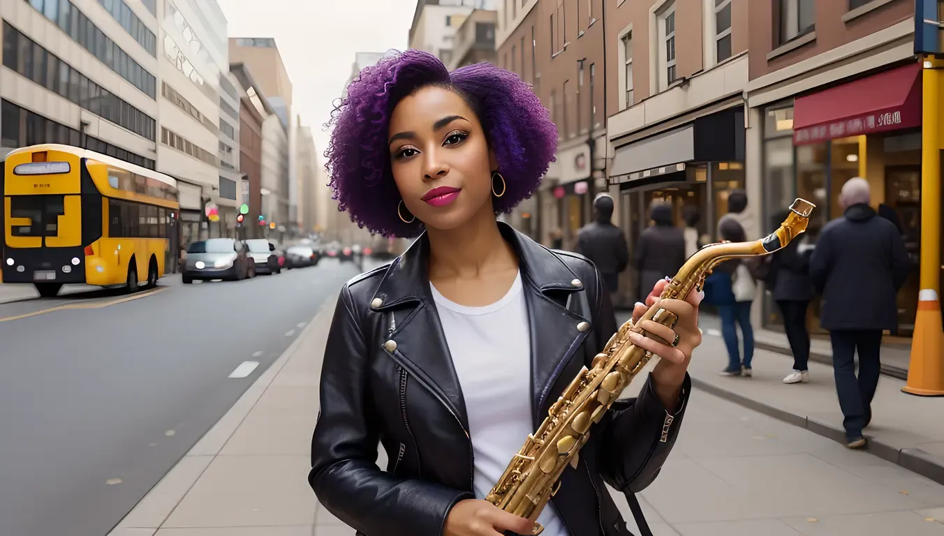Saxy Woman Poses with Saxophone on City Street