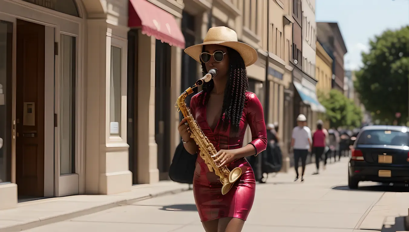 Saxy Woman Walks with Saxophone Case on Busy Street