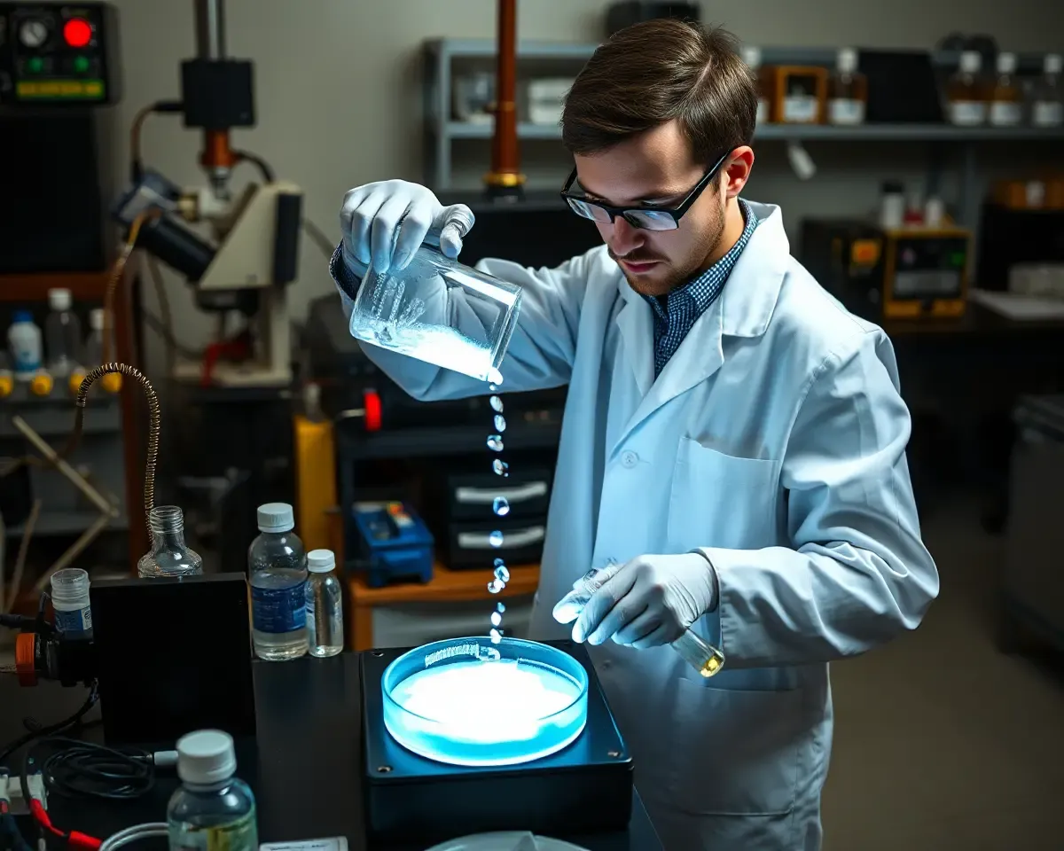 Scientist Examines Mysterious Glowing Substance in Petri Dish