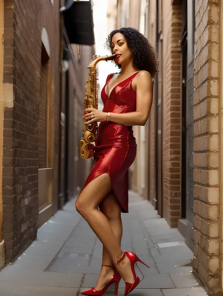 Seductive Saxy Woman in Dimly Lit Alleyway with Saxophone