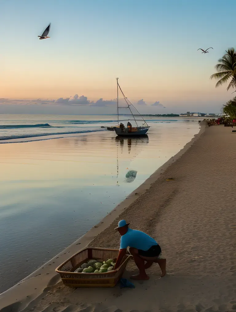 Serene Beach Scene with Fresh Coconuts and Copra