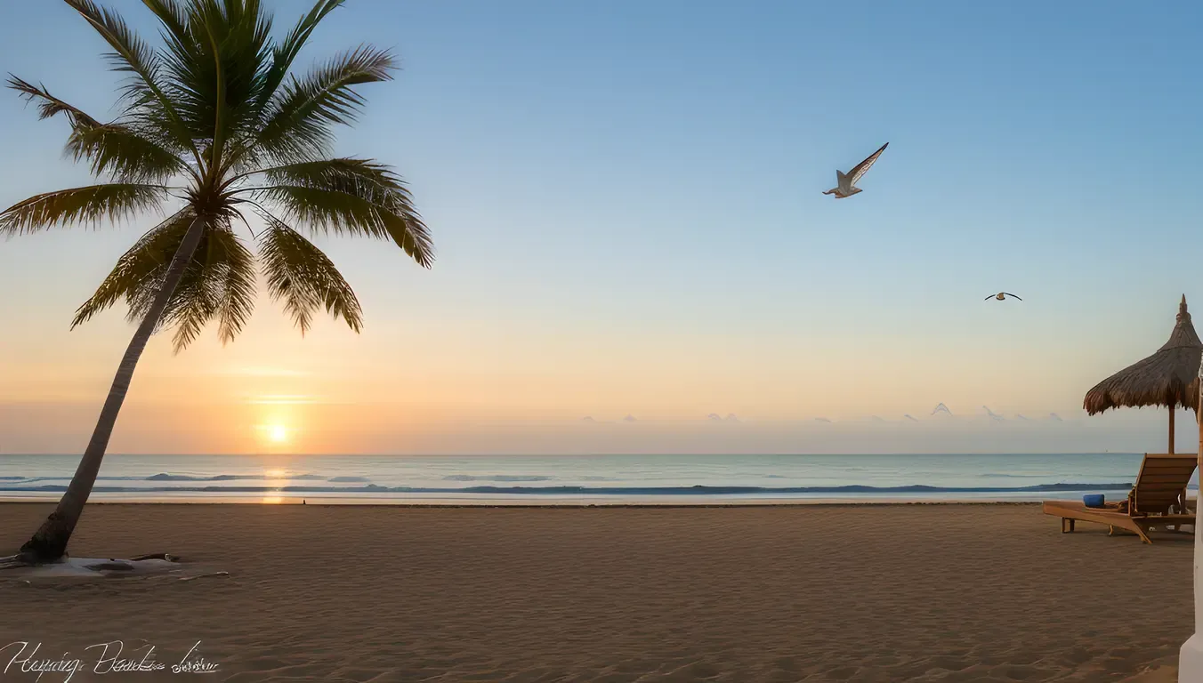 Serene Beach Scene with theetam Shell and Palm Trees