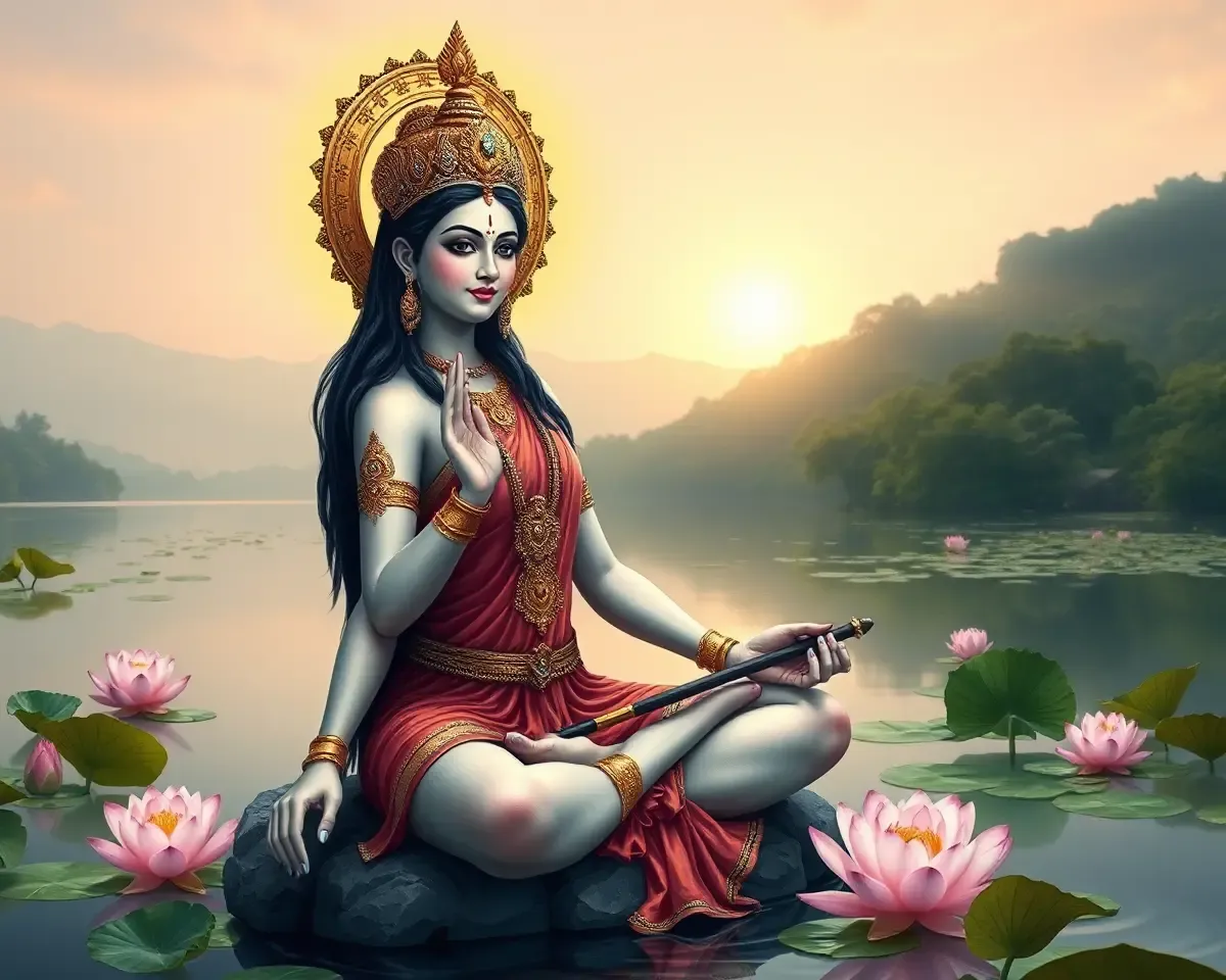 Serene Bhadrakali Among Peaceful Lake and Lotus