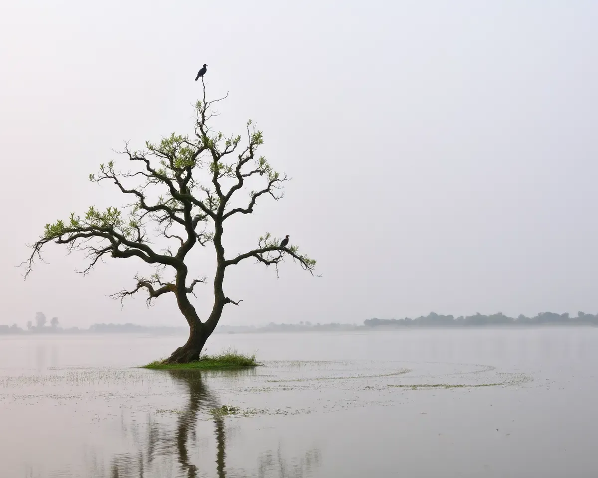 Serene Bhoringani Tree Amidst Misty Lake Landscape