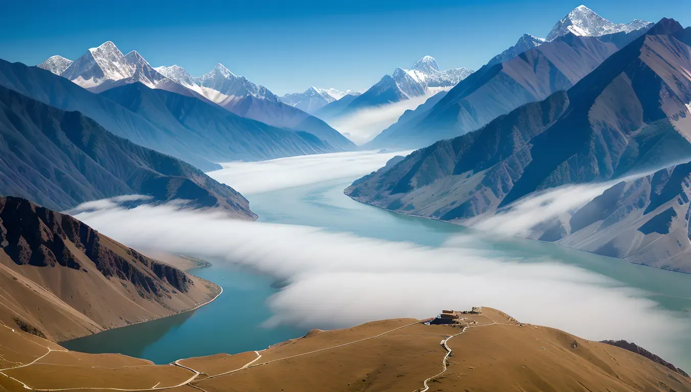 Serene Brahmaputra River Landscape with Misty Himalayan Backdrop