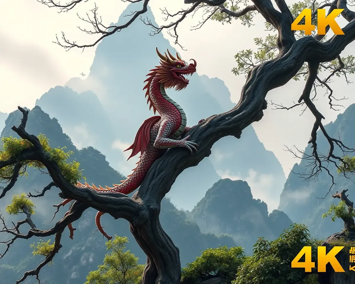 Serene Chinese Dragon in Ancient Tree Setting 4K