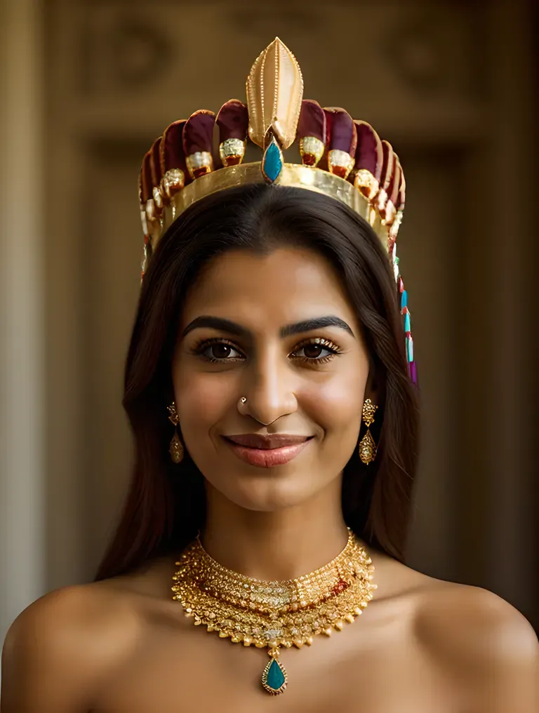 Serene Egyptian Girl Wears Ornate Headdress