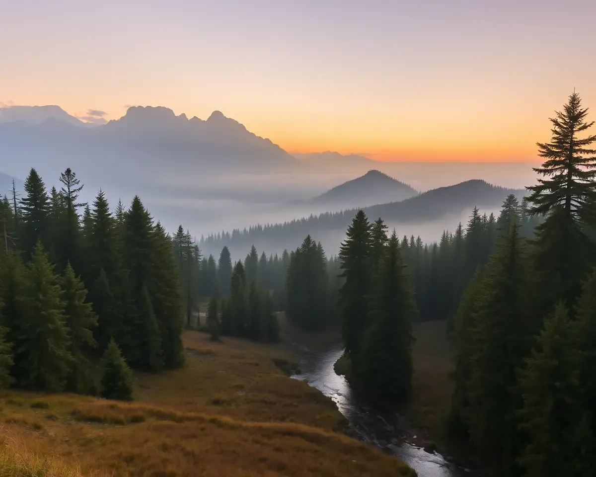 Serene Forest Landscape at Dawn in 1024x576 Resolution