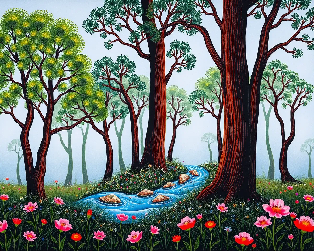 Serene Forest Madhubani Art Wallpaper with Misty Blue