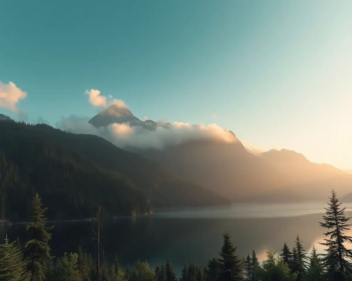 Serene Forest with Misty Mountains and Tranquil Lake on YCP
