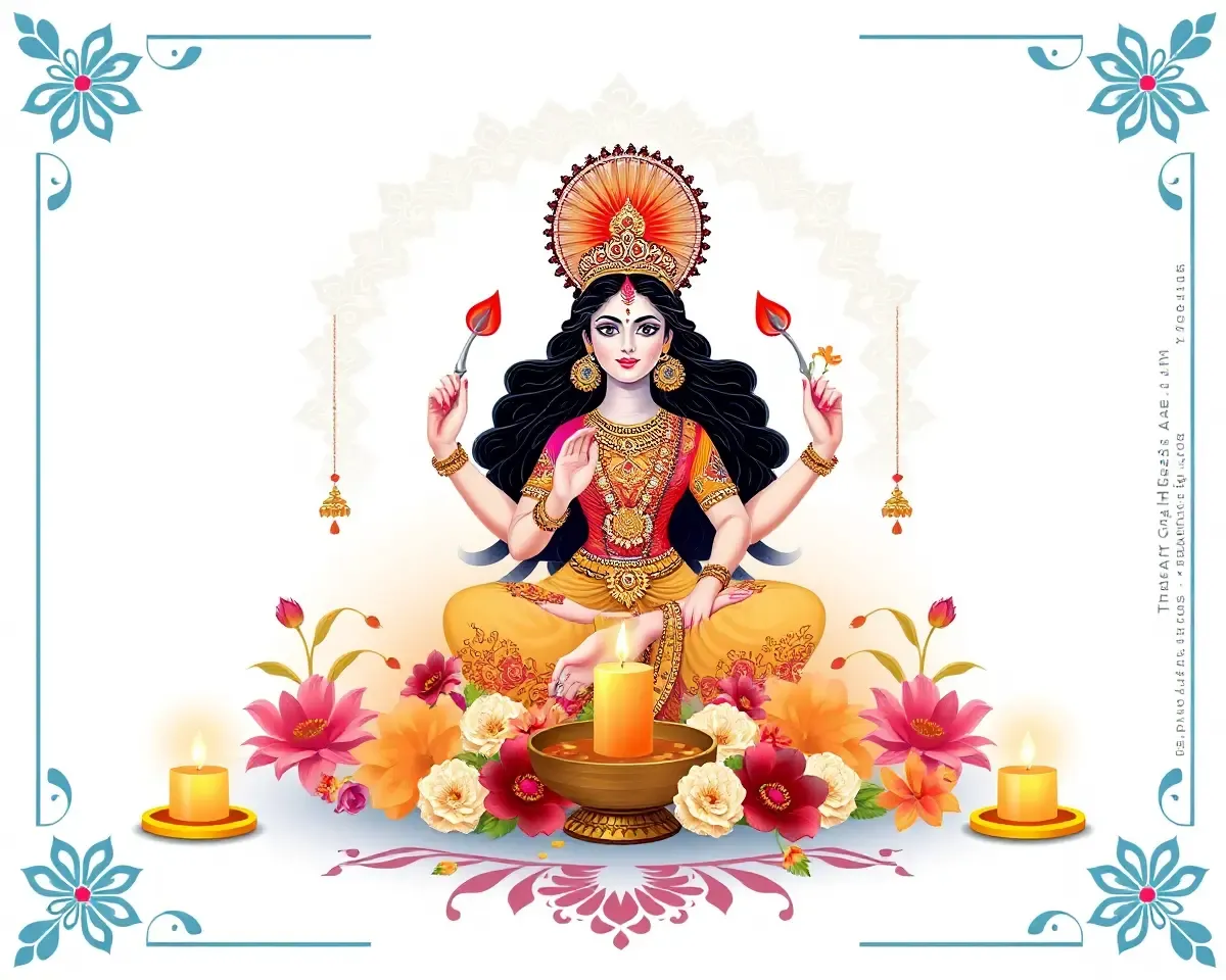 Serene Goddess Durga with Flowers and Candles on Invitation Card