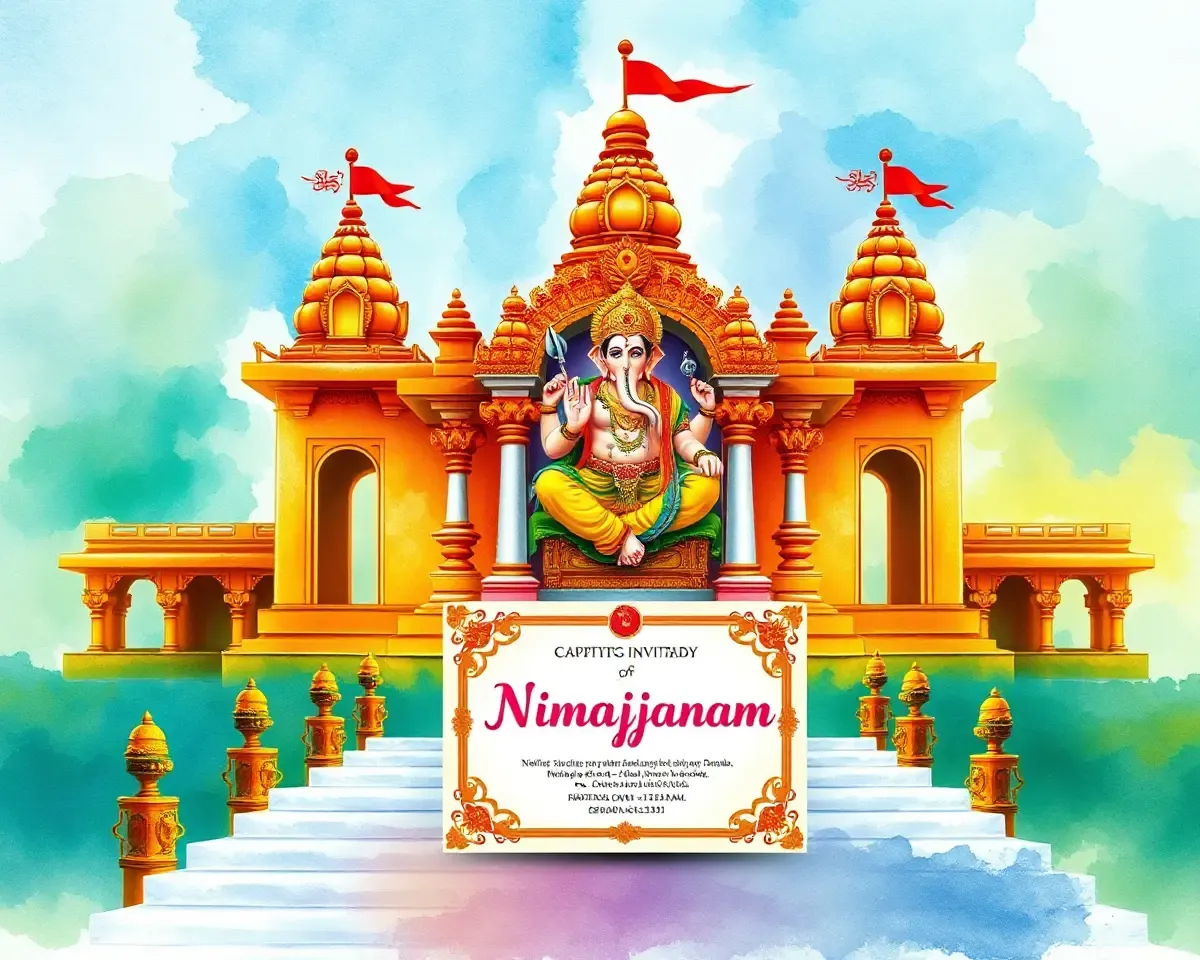 Serene Hindu Temple with Lord Ganesha and Nimajjanam Card