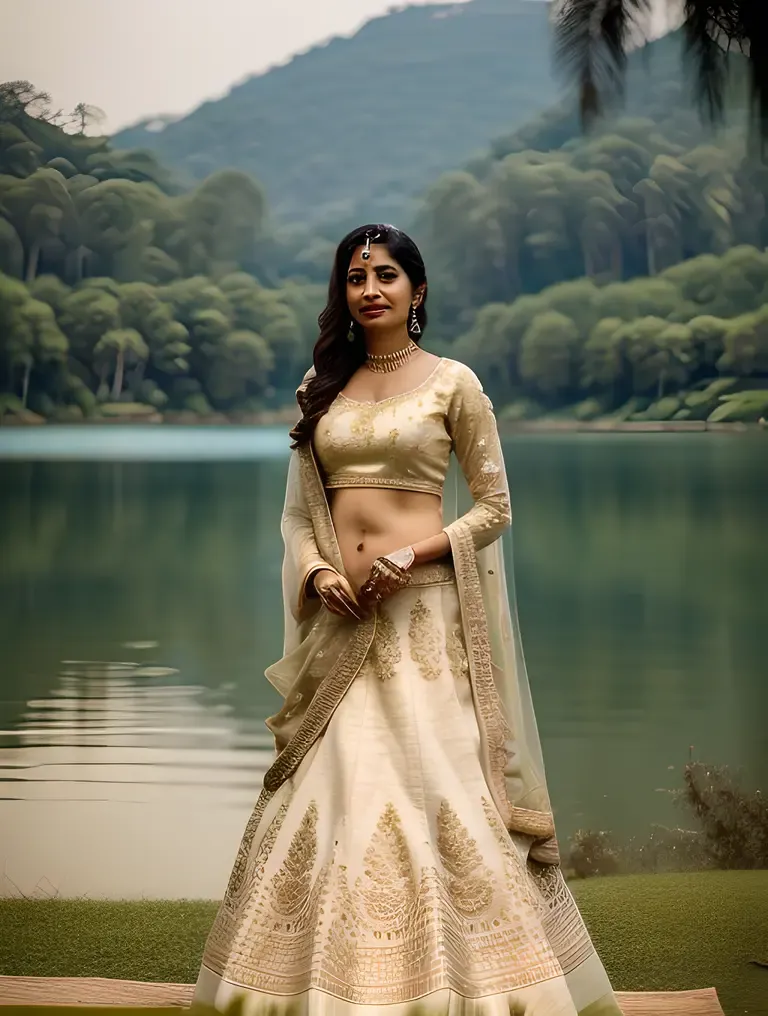 Serene Indian Bhabhi in Traditional White and Gold Lehenga