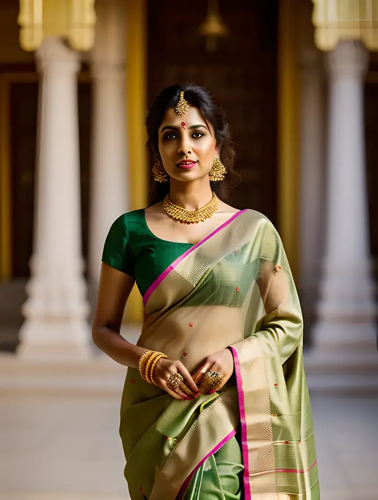 Serene Indian Bhabhi in Vibrant Green and Gold Saree