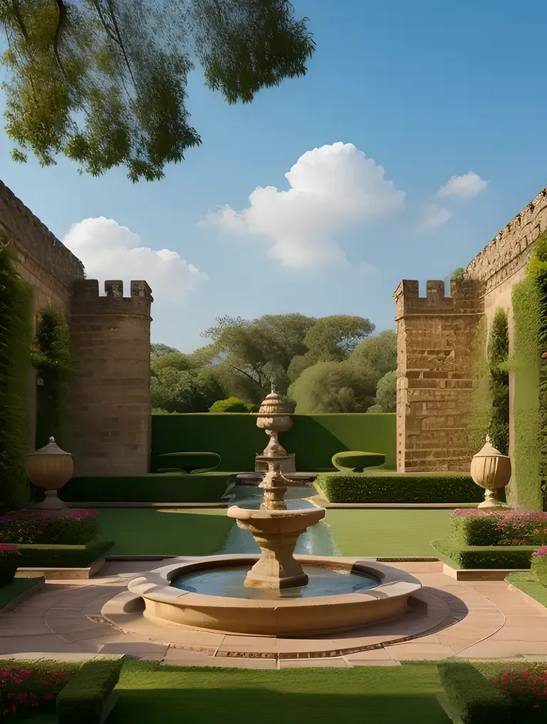 Serene Indian Garden with Kushti-Inspired Fountain and Stone Walls.