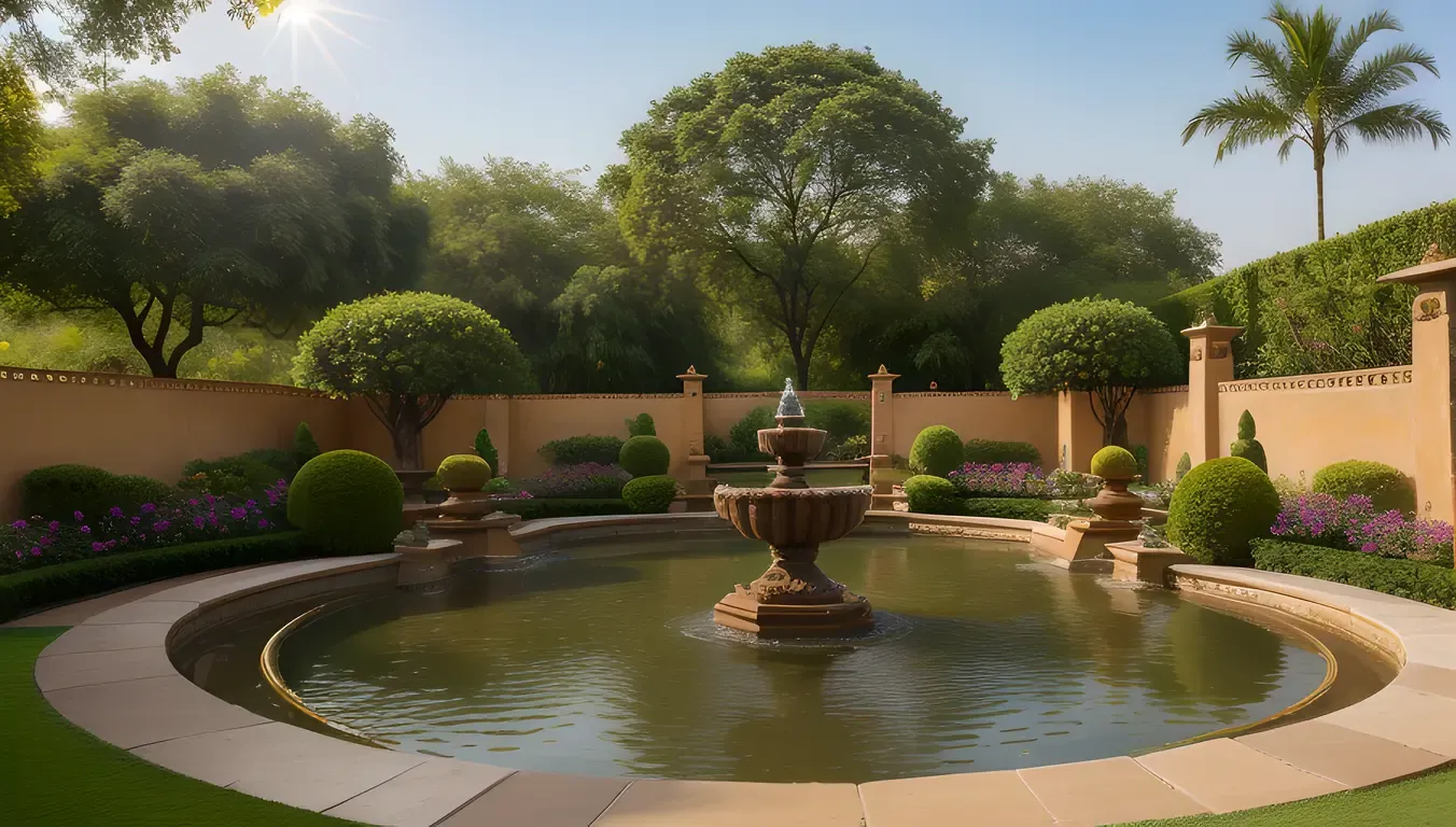 Serene Kushti Garden with Fountains and Lush Greenery