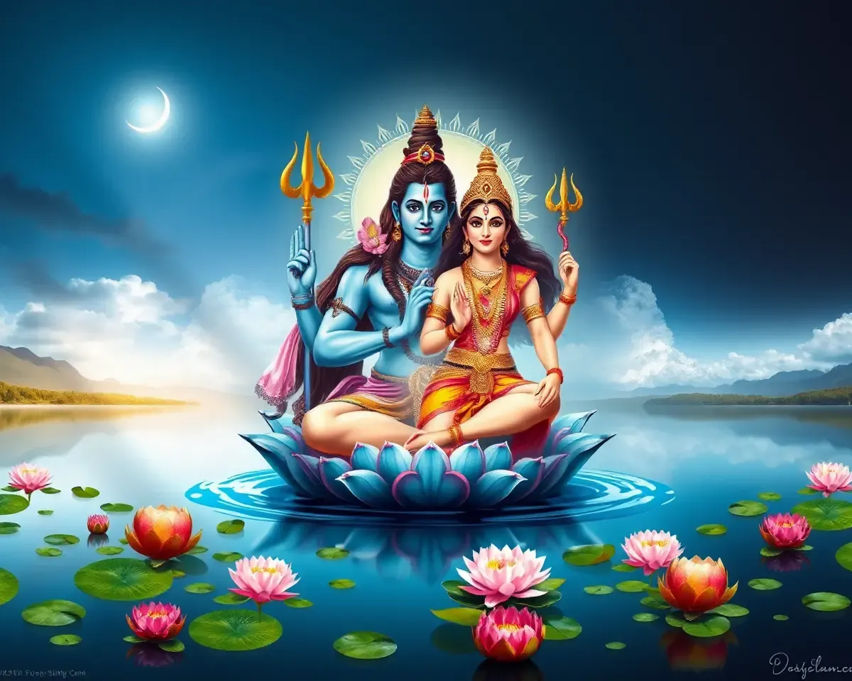 Serene Lake Backdrop for Lord Shiva and Goddess Parvati's Union