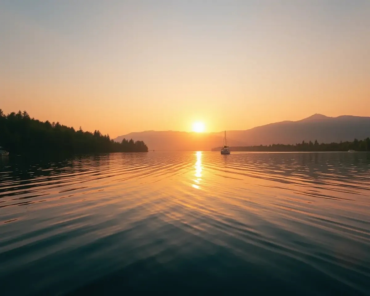Serene Lake Sunrise with Boat in Distance Good Morning Images
