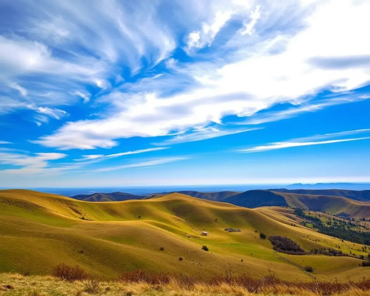 Serene Landscape with Rolling Hills and Bright Blue Sky Background