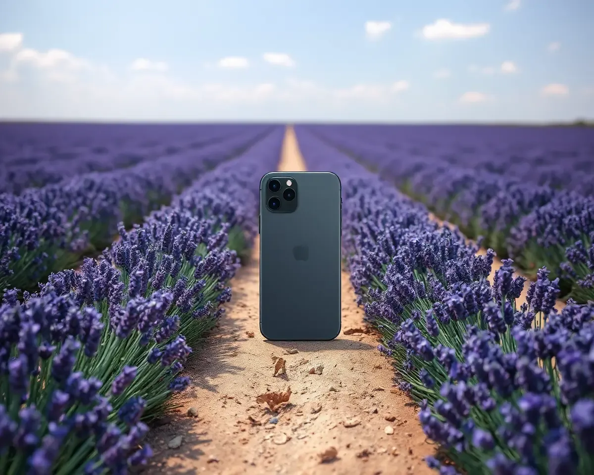 Serene Lavender Field with iPhone and Clouds