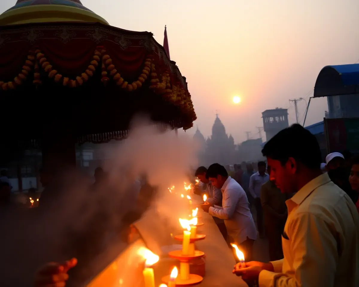 Serene Morning Devotees Praying at Durga Puja Pandal