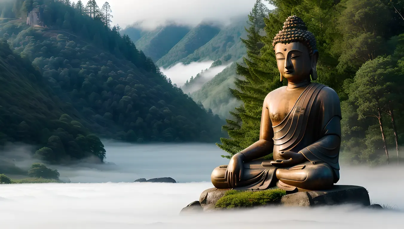 Serene Mountain Landscape with Ancient Stone Carving of Buddha