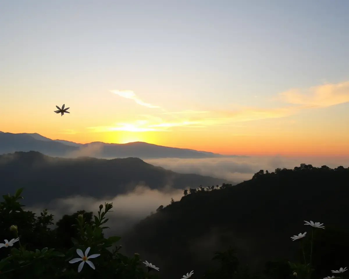 Serene Mountain Range with Poo Malai Flowers in Morning Mist