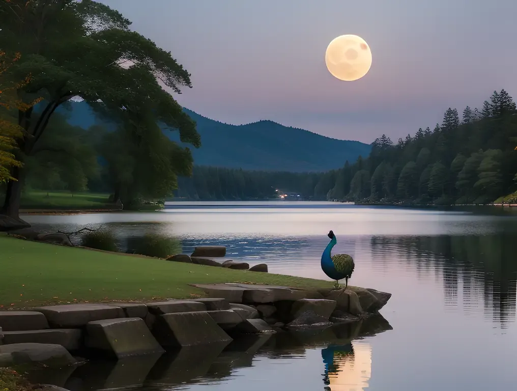 Serene Paper Peacock on Lake Shore with Full Moon Rising