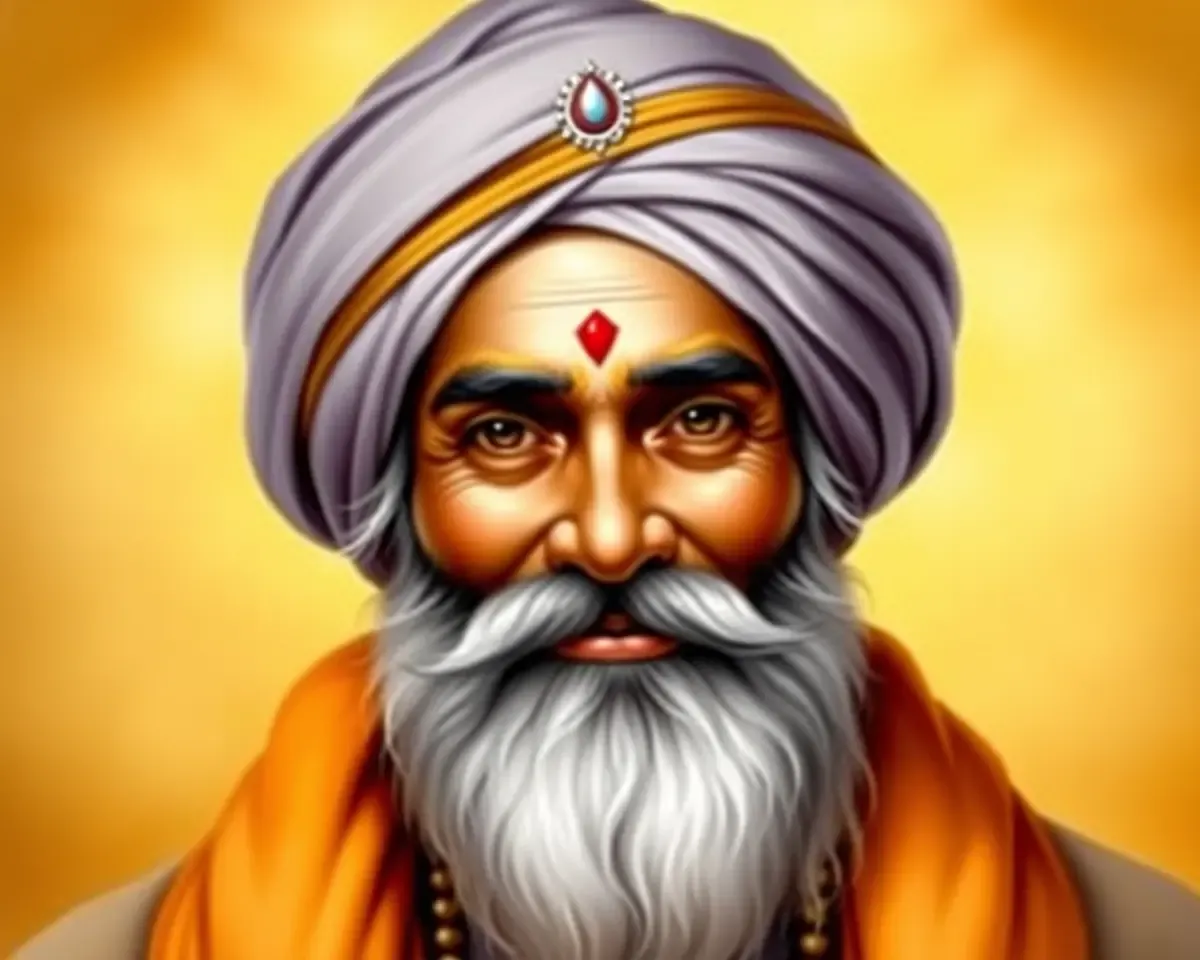 Serene Portrait of Guru Nanak Dev Ji in Golden Background PNG Image