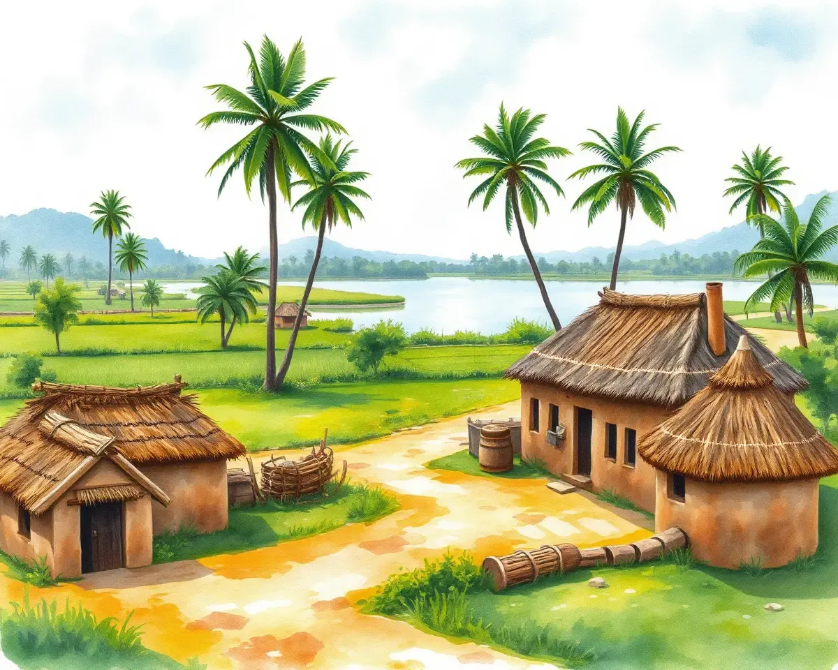 Serene Punjabi Village with Rustic Huts and Lush Fields